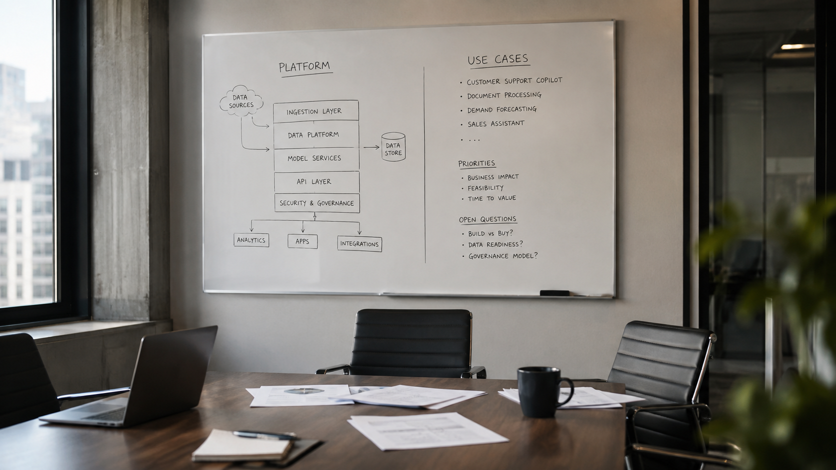An empty meeting room with platform architecture and use-case planning visible on a whiteboard.