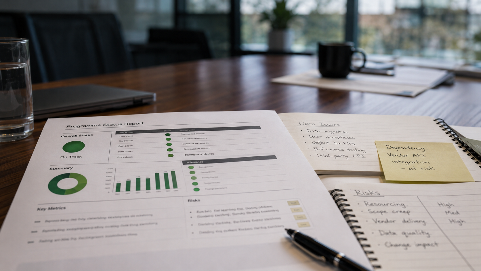 A programme status report showing green indicators beside handwritten notes listing unresolved issues, risks and a vendor dependency.