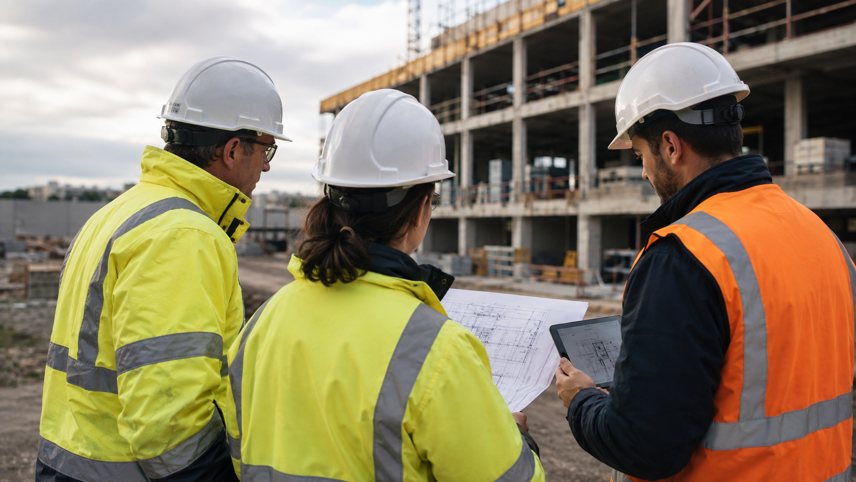 Three construction professionals in hard hats review plans and a tablet beside a building site.