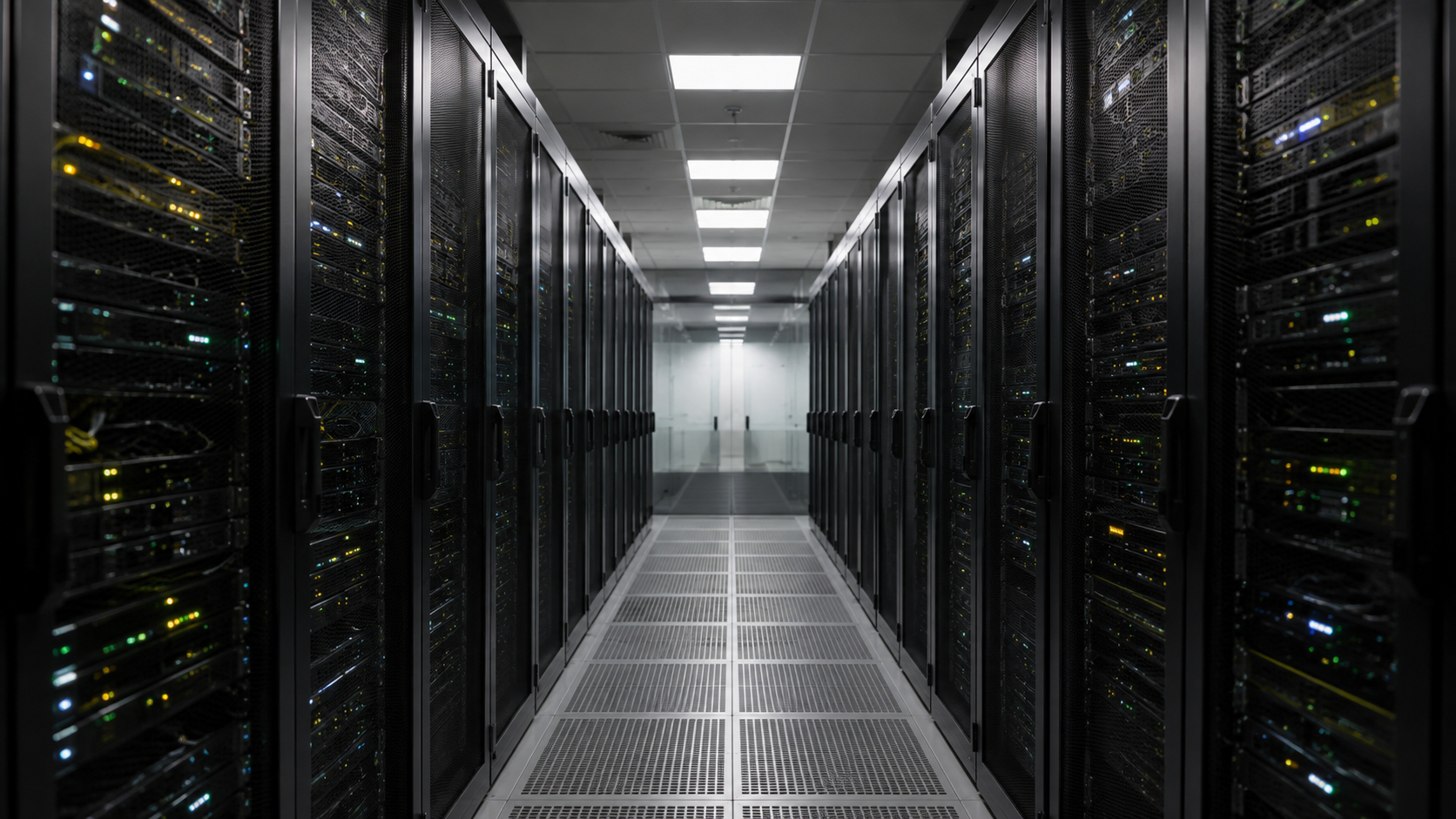 A symmetrical aisle between server racks in a modern data centre.