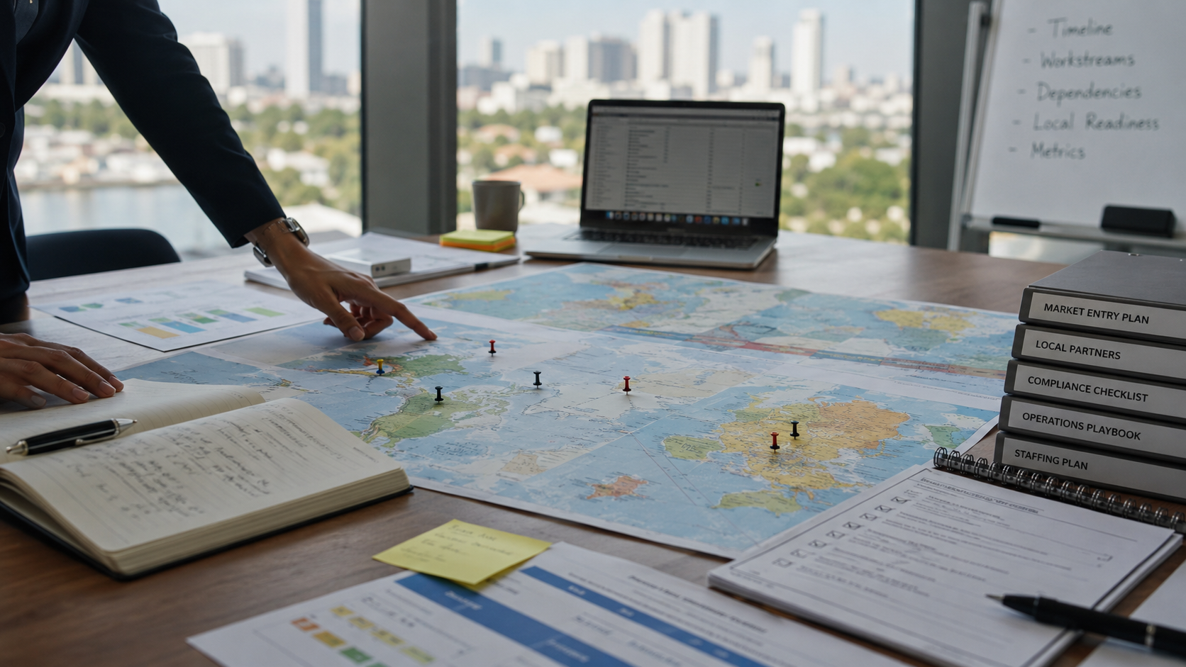 A market-entry planning table with a world map, project documents and operational setup materials.