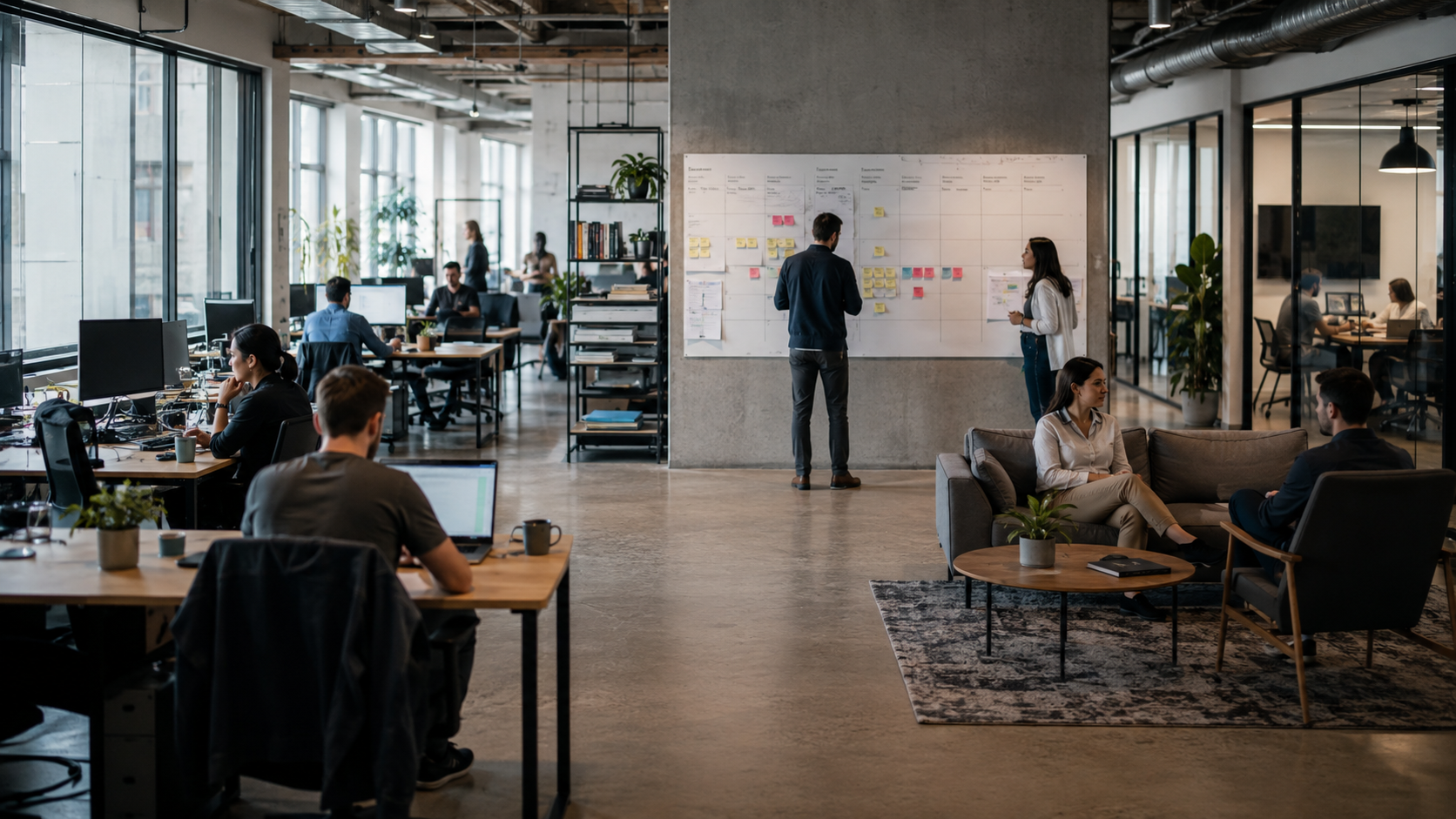 A wide open-plan technology office with teams working independently across the shared workspace.