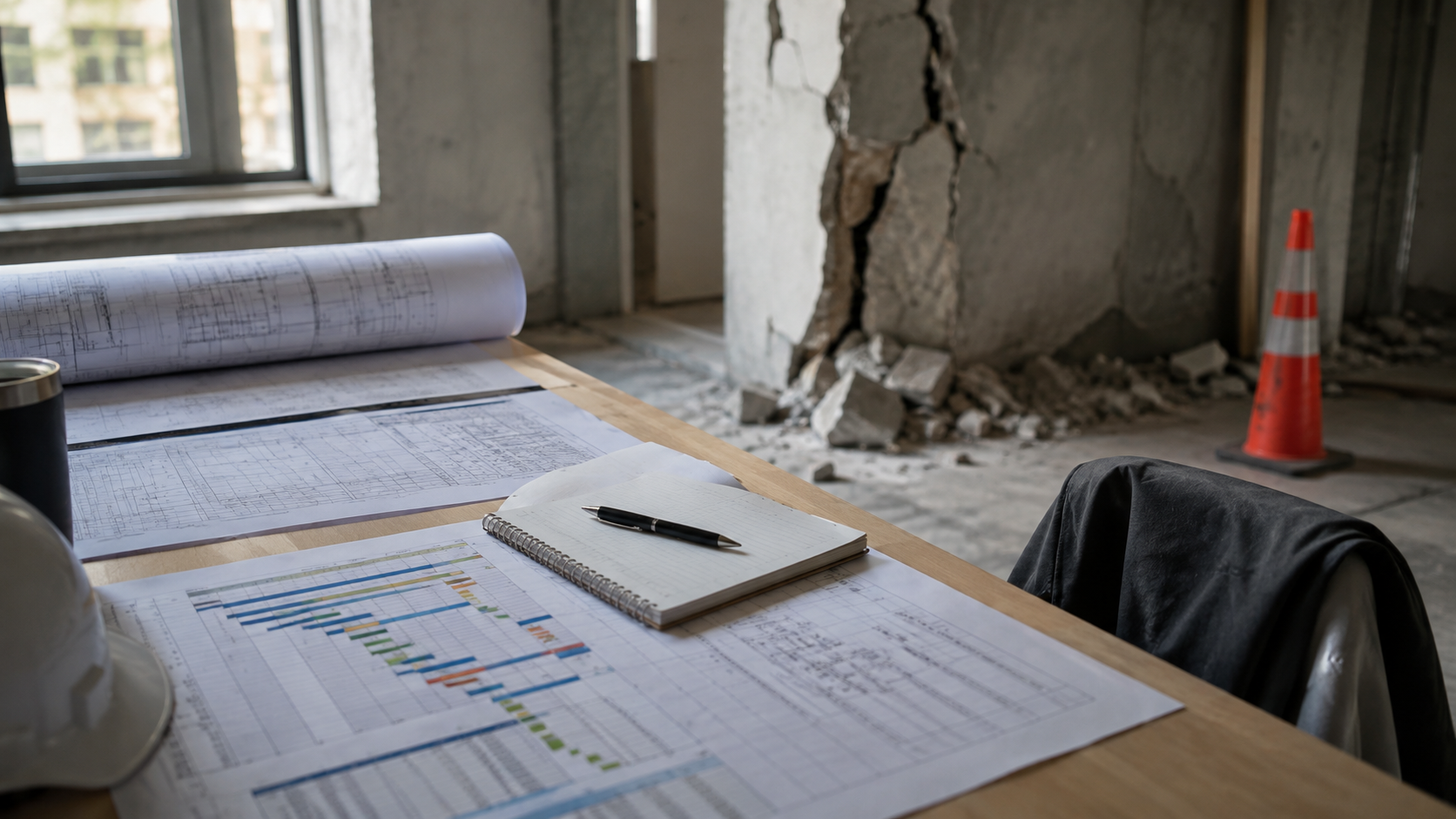 Structural damage exposed in a building beside technical plans and project documents.