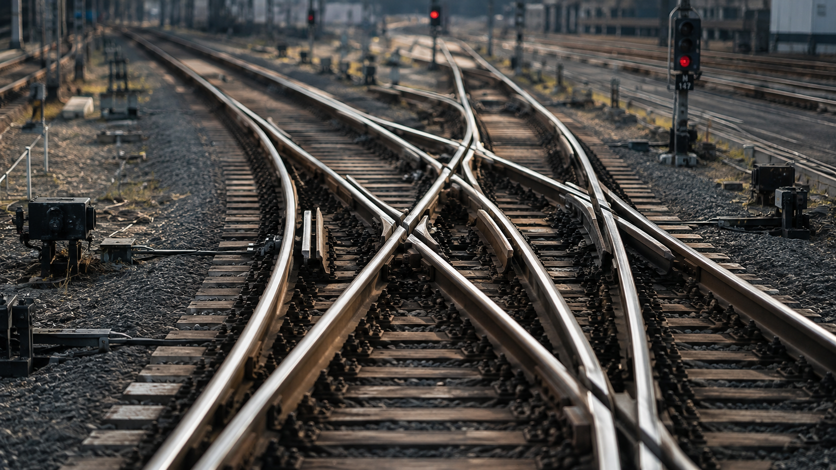 A complex railway junction where multiple tracks converge and cross.