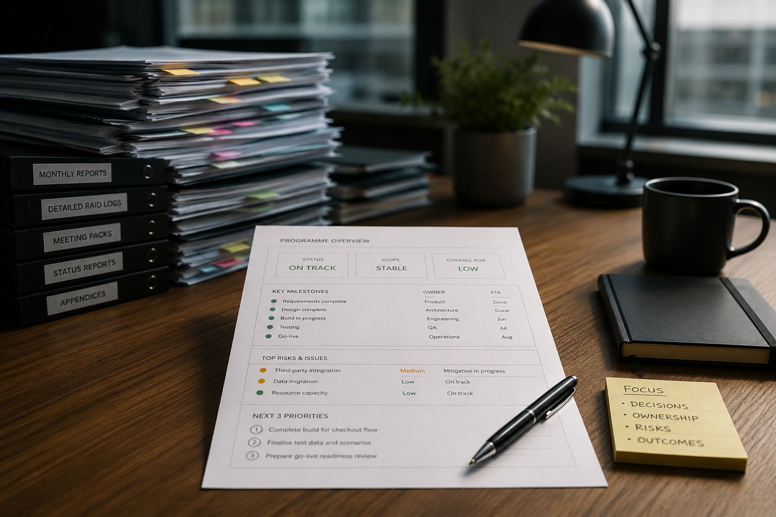 A clean executive desk with one concise programme control sheet in focus, while a much larger stack of reports, binders or paperwork sits blurred in the background